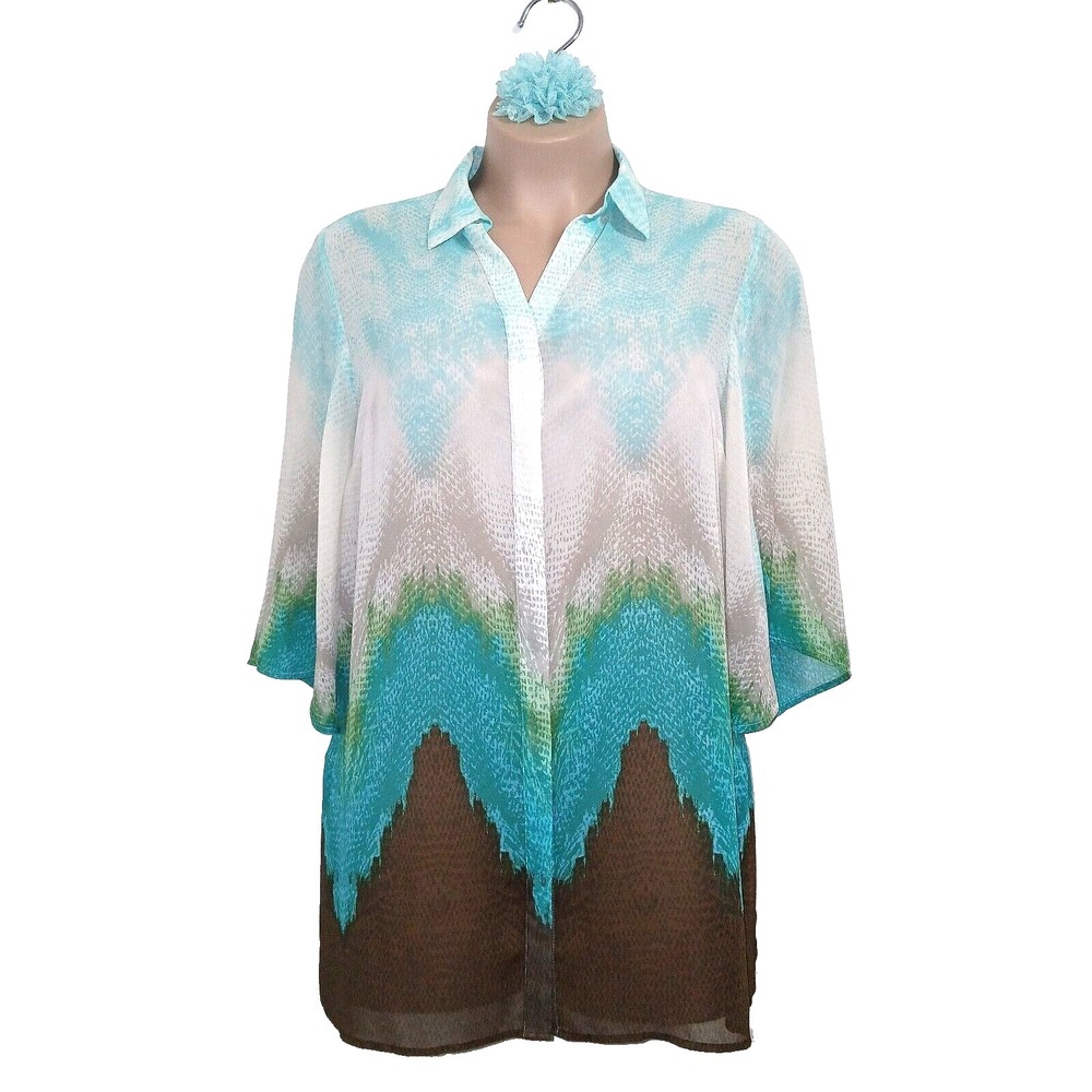Chico's Bahama Breeze Super Tunic Women Shirt Top 2 Large Aqua Semi Sheer Ocean